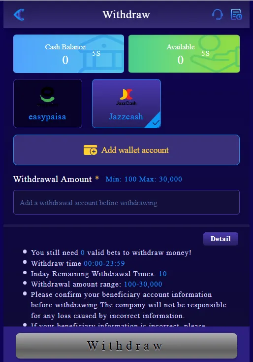 Payment options available on PAK3 Game 